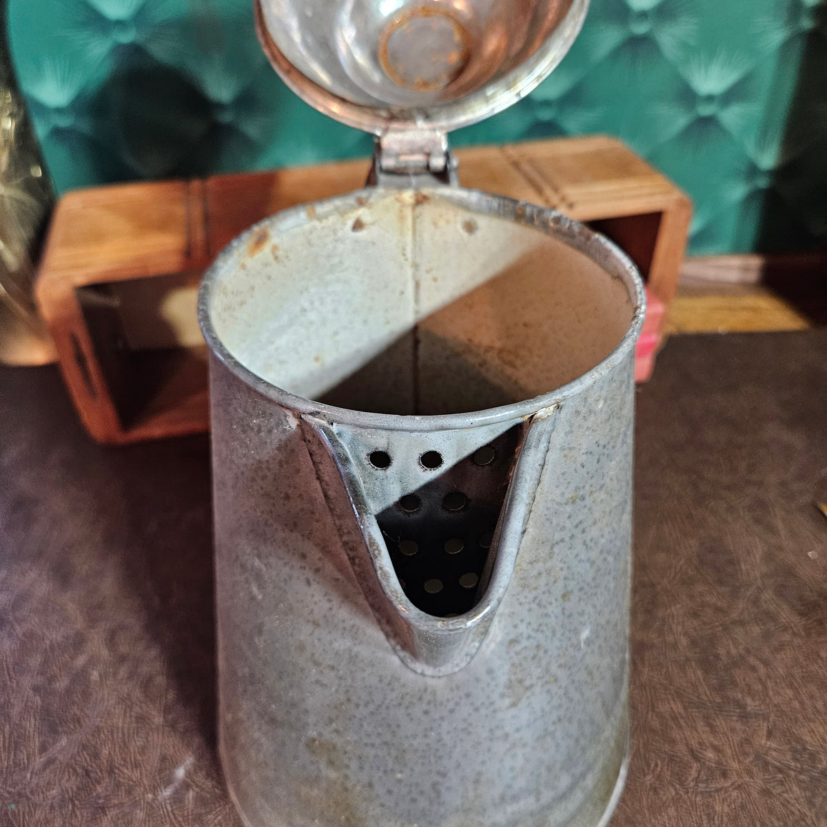 Hinged Lid Metal Coffee Pot Primitive Farmhouse Decor