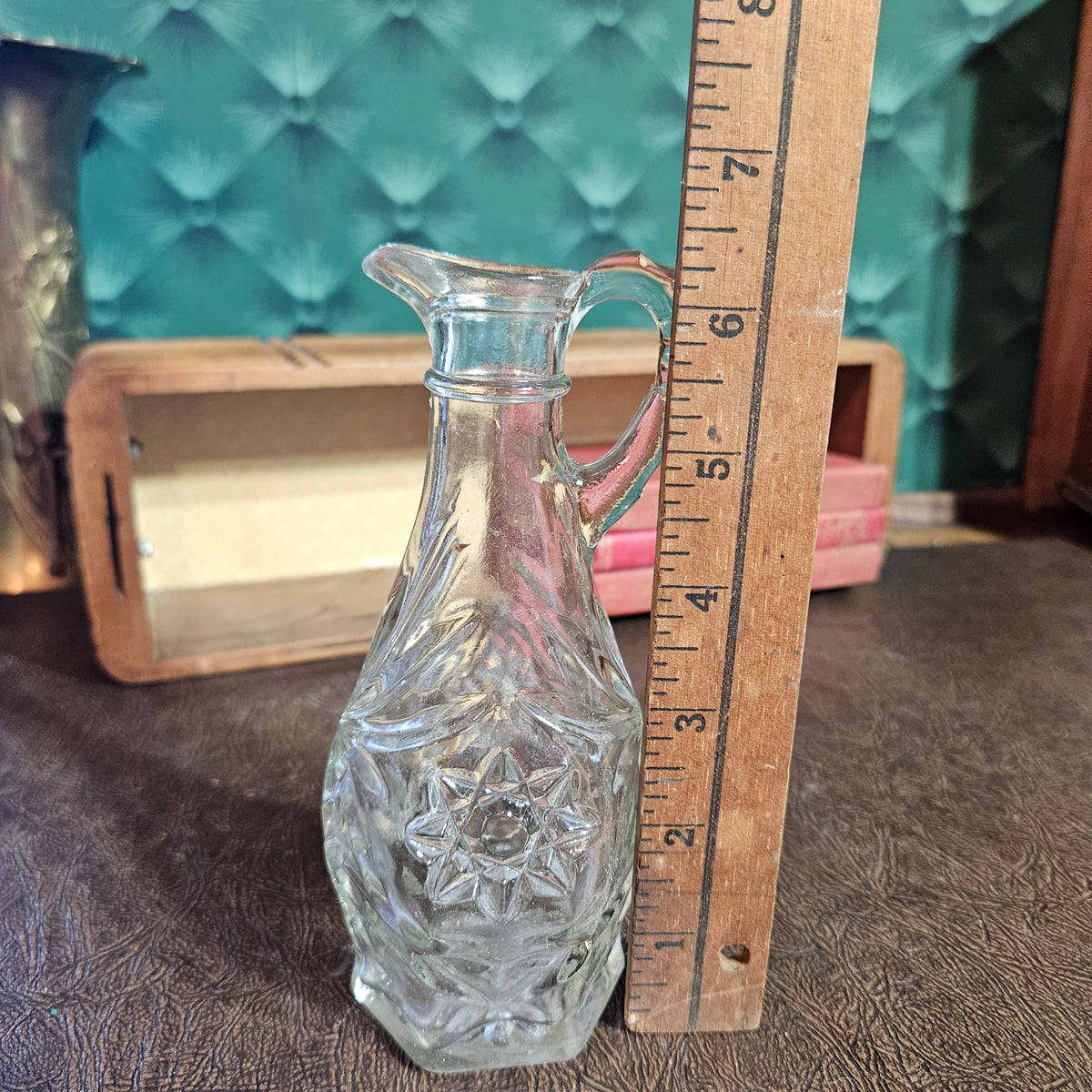 Vintage Pressed Glass Cruet Pitcher with Starburst Pattern