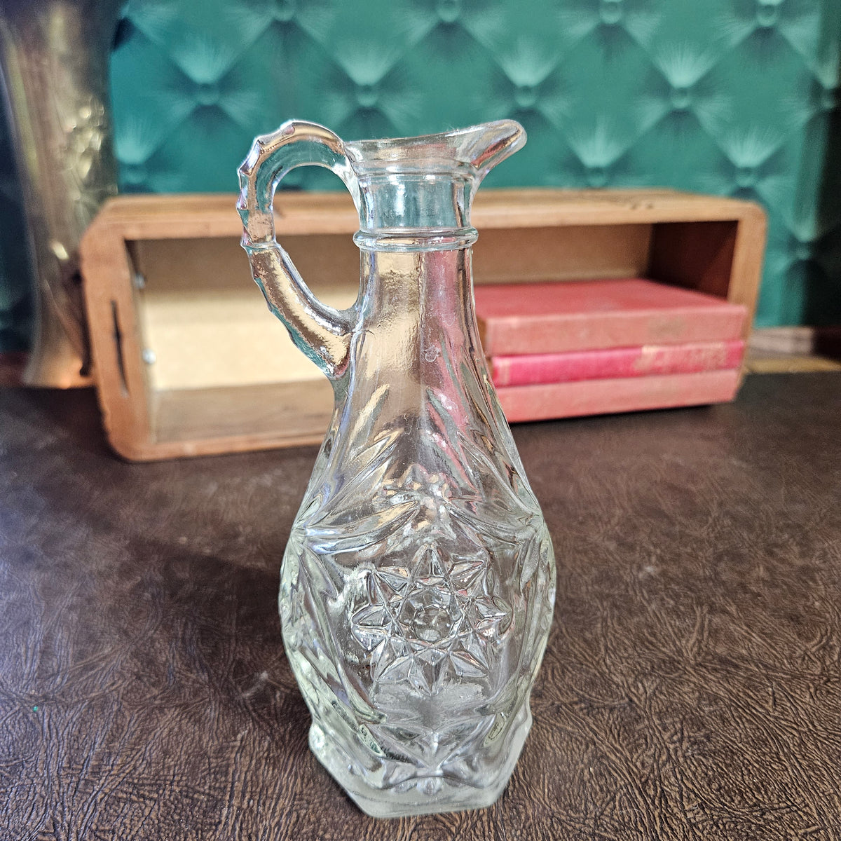 Vintage Pressed Glass Cruet Pitcher with Starburst Pattern
