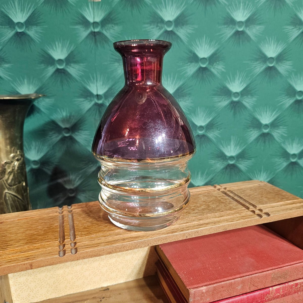 Cranberry Pink Glass Carafe with Gold Band Accents