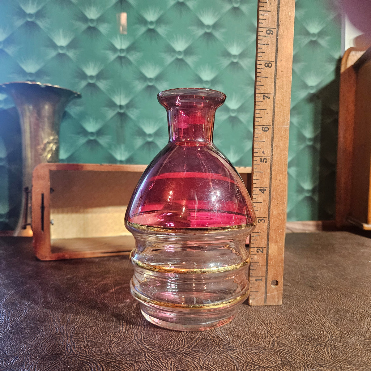 Cranberry Pink Glass Carafe with Gold Band Accents