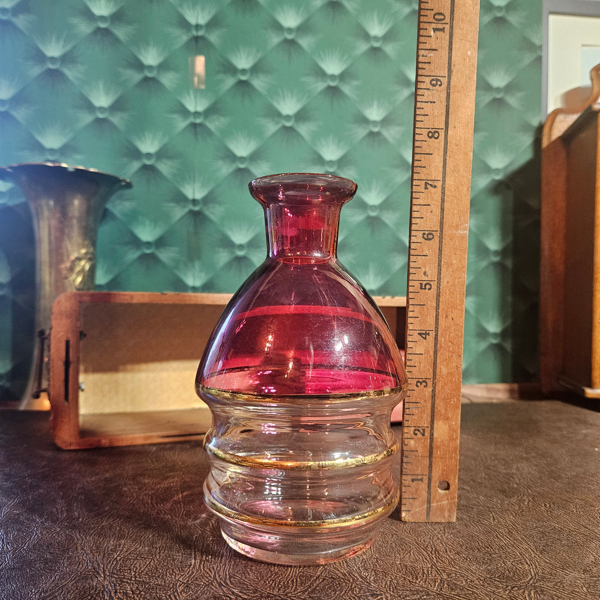 Cranberry Pink Glass Carafe with Gold Band Accents