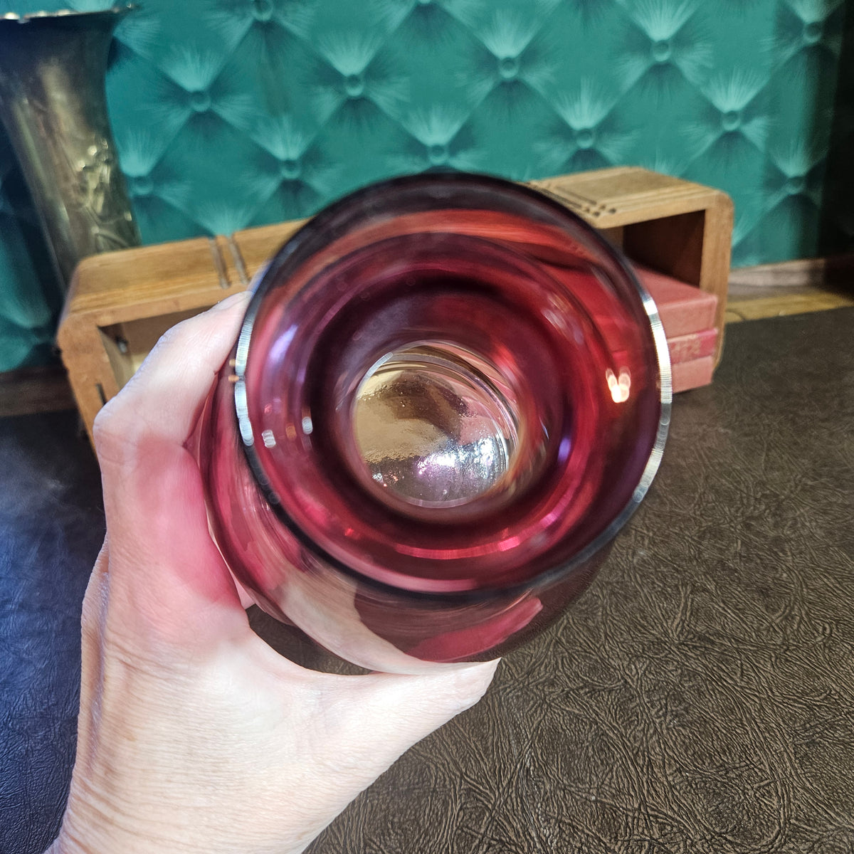 Cranberry Pink Glass Carafe with Gold Band Accents