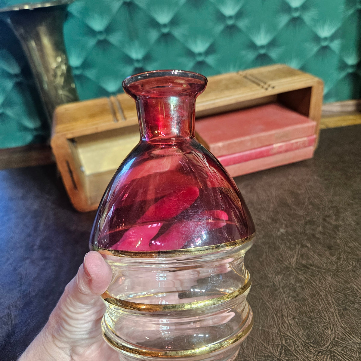 Cranberry Pink Glass Carafe with Gold Band Accents