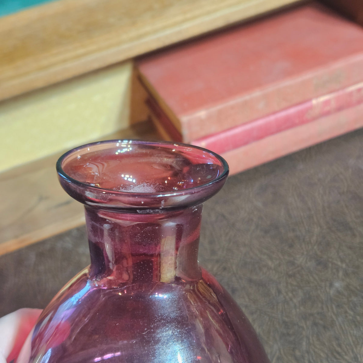 Cranberry Pink Glass Carafe with Gold Band Accents