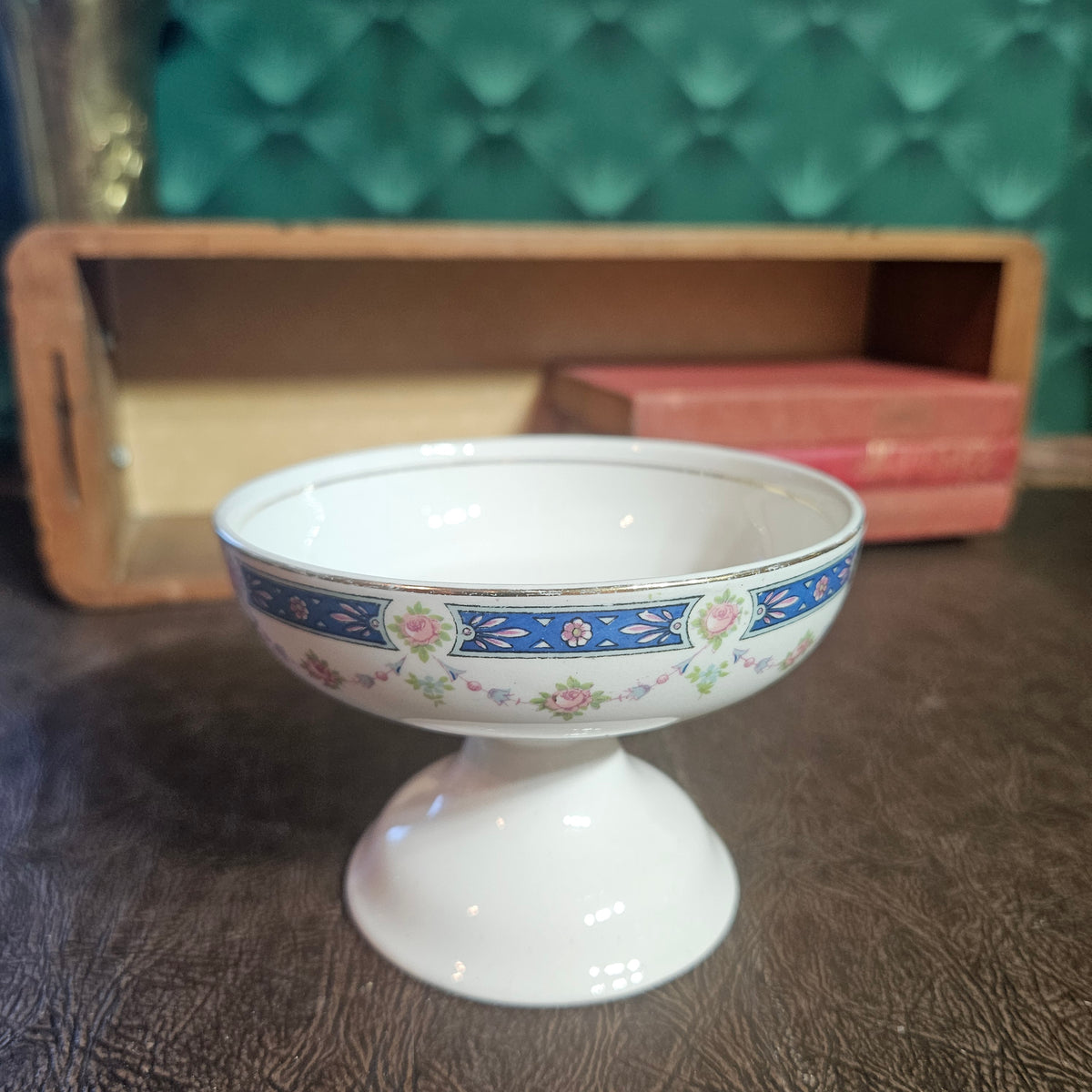 Floral Pedestal Compote Pink Roses & Cobalt Blue