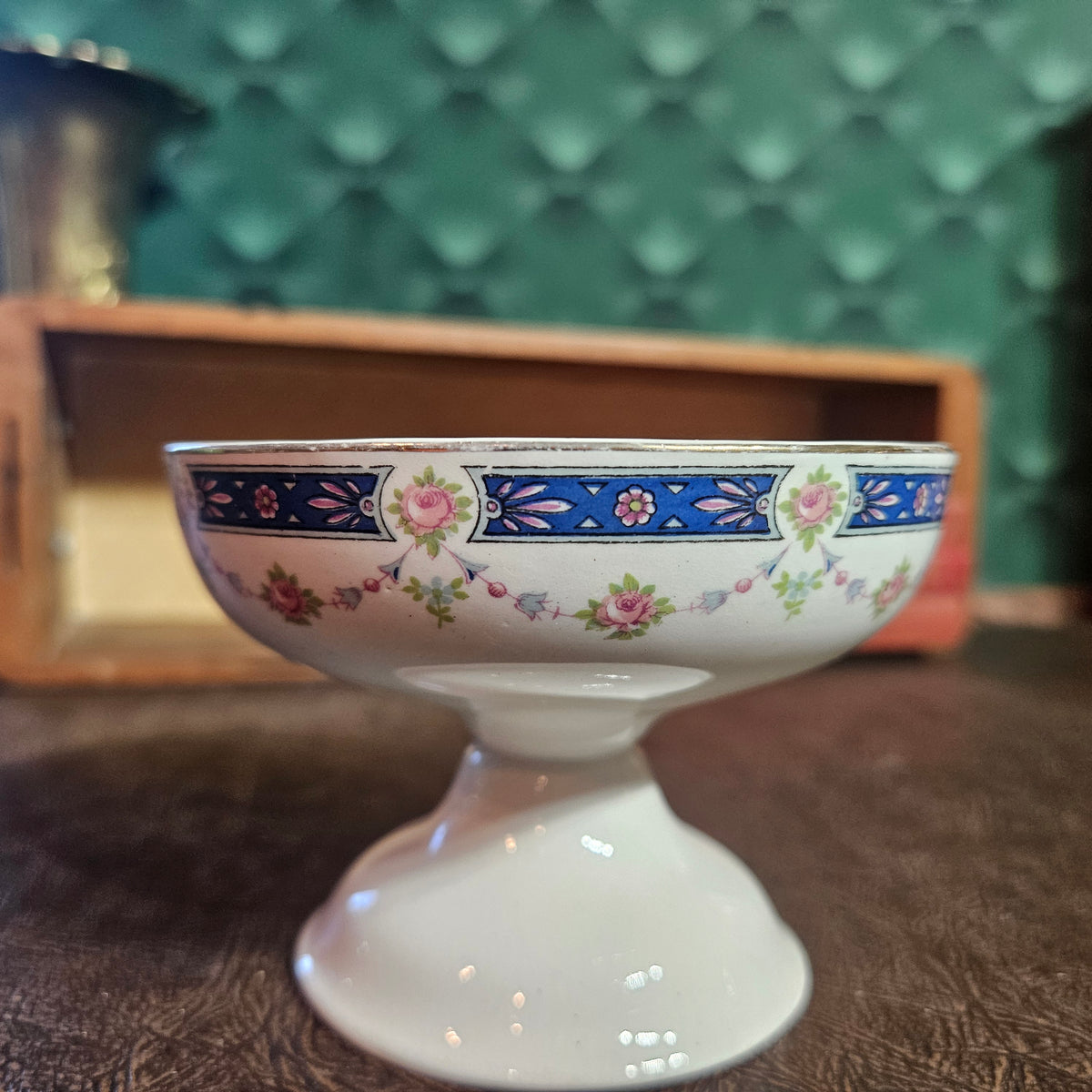 Floral Pedestal Compote Pink Roses & Cobalt Blue