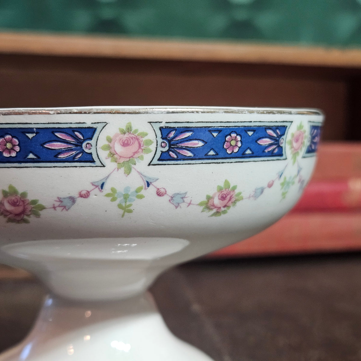 Floral Pedestal Compote Pink Roses & Cobalt Blue