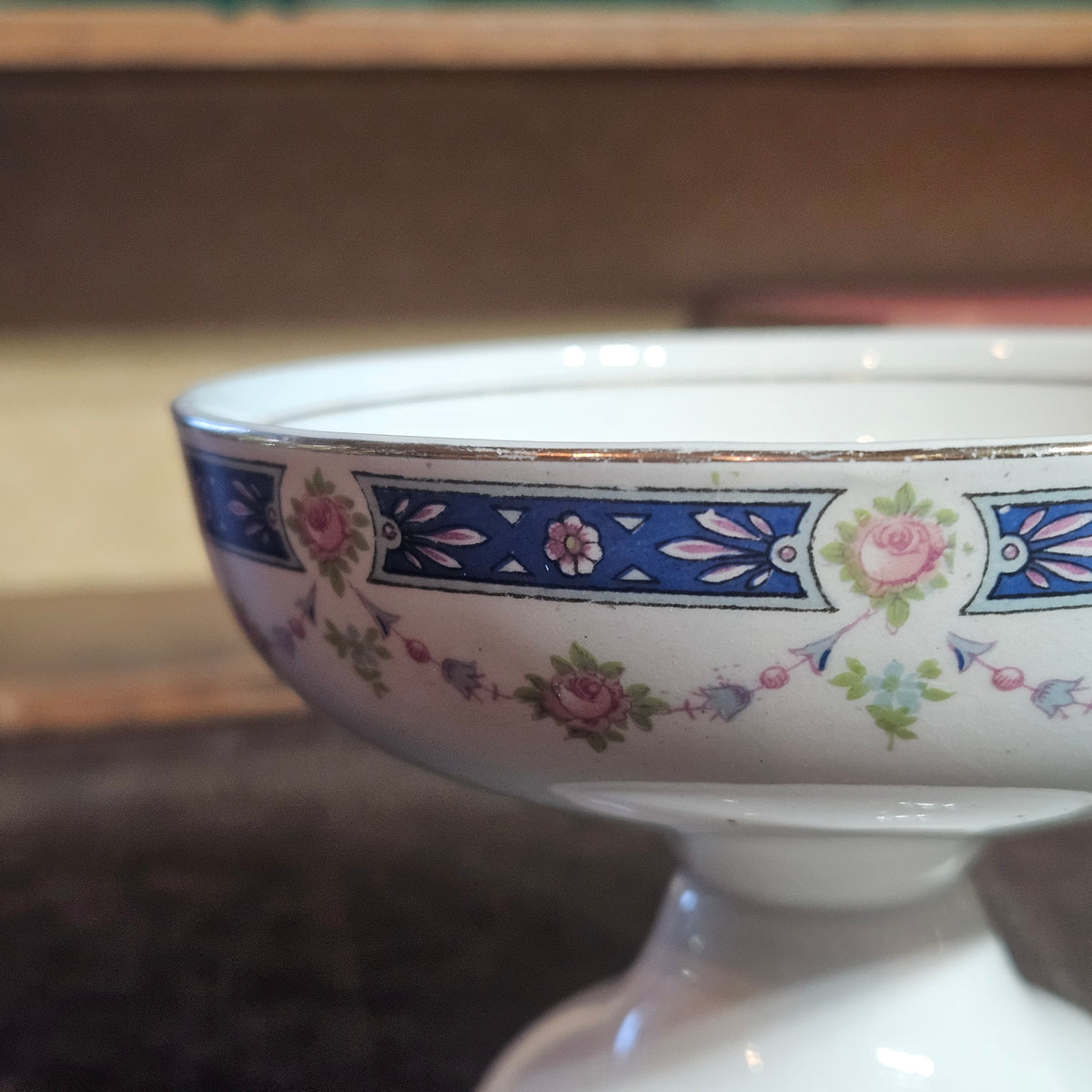 Floral Pedestal Compote Pink Roses & Cobalt Blue
