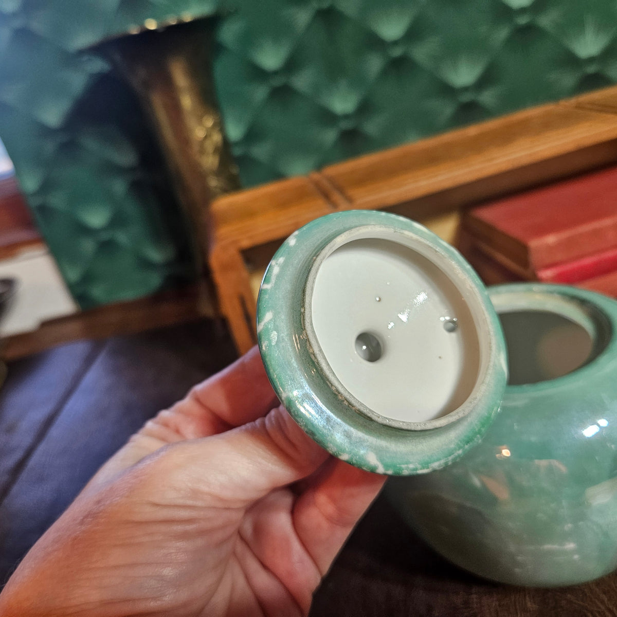 Mid-Century Japanese Celadon Teapot Hand Painted Made in Japan