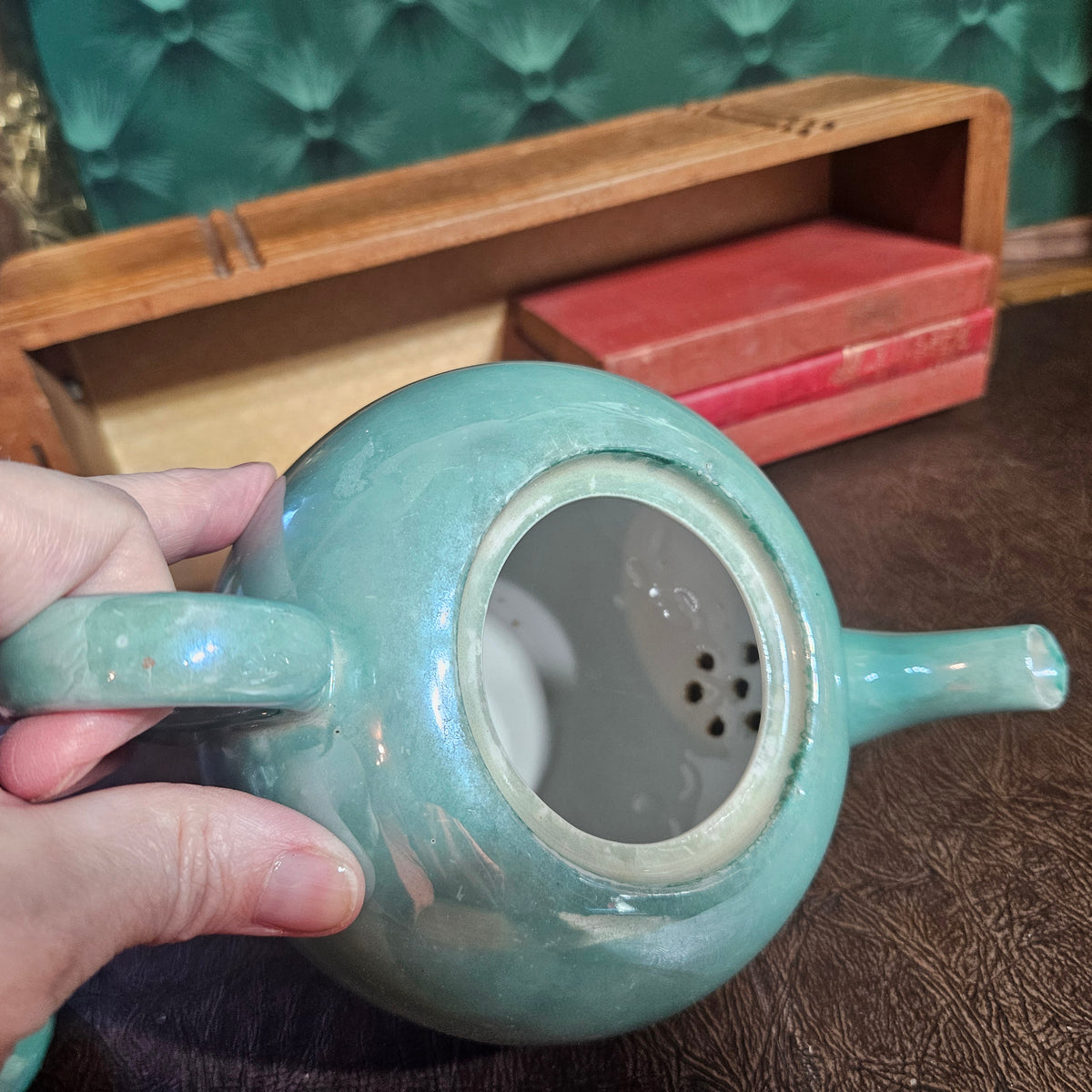 Mid-Century Japanese Celadon Teapot Hand Painted Made in Japan