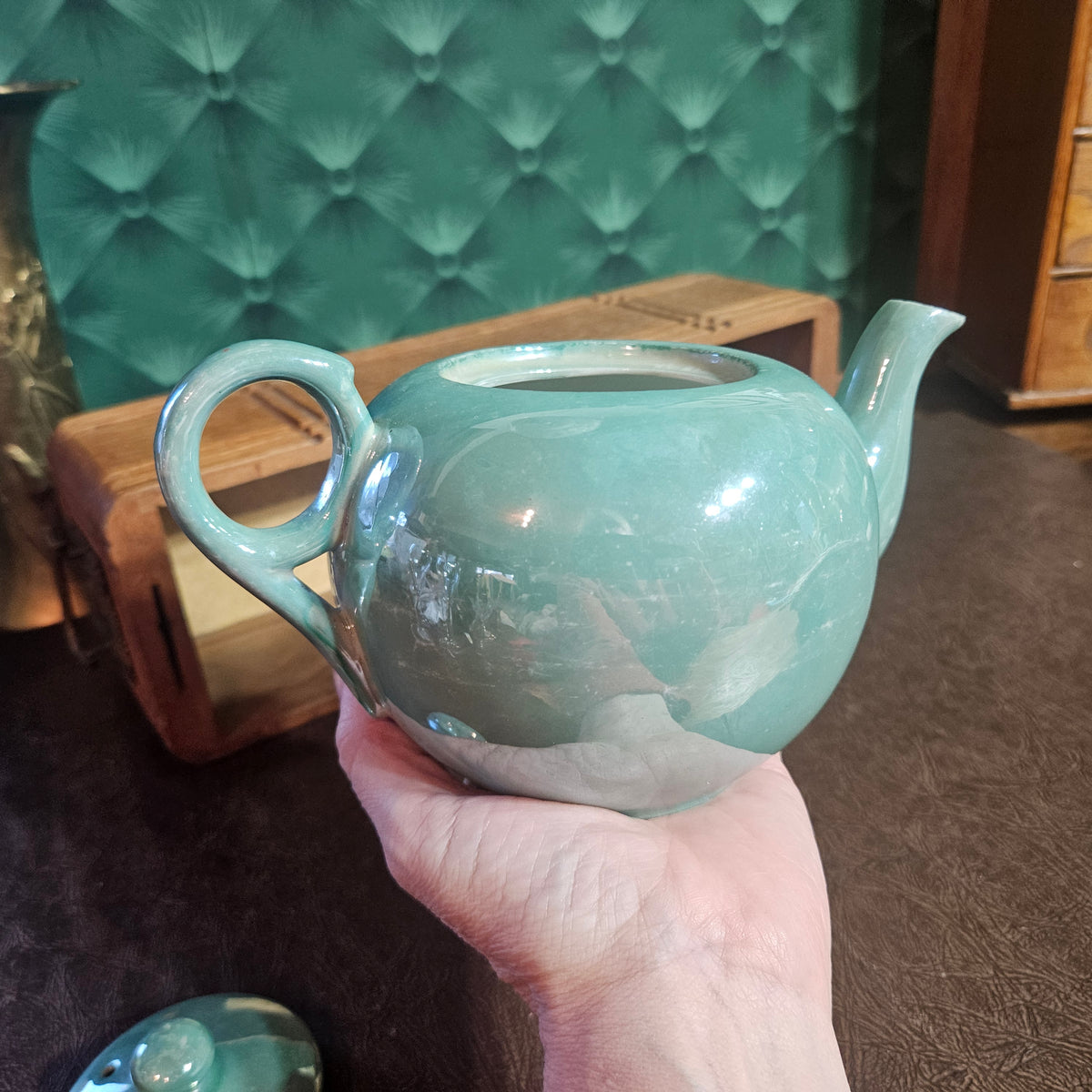 Mid-Century Japanese Celadon Teapot Hand Painted Made in Japan