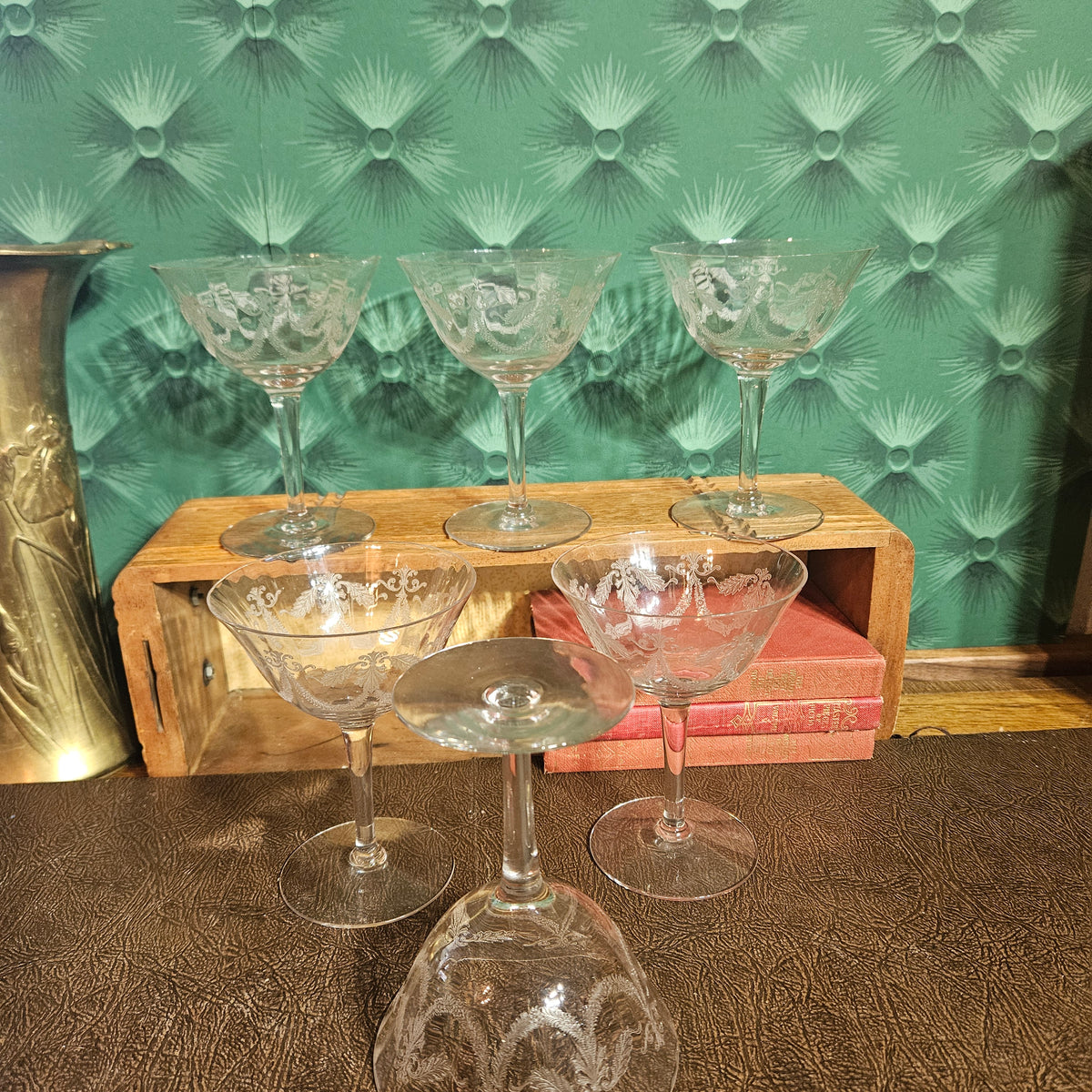 Set of 6 Vintage Etched Champagne Coupes Garland Swag Pattern