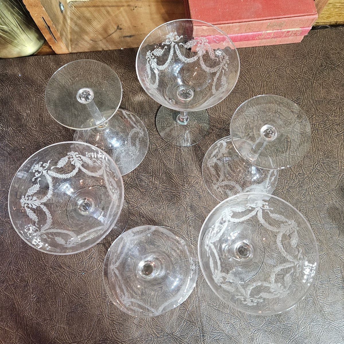 Set of 6 Vintage Etched Champagne Coupes Garland Swag Pattern