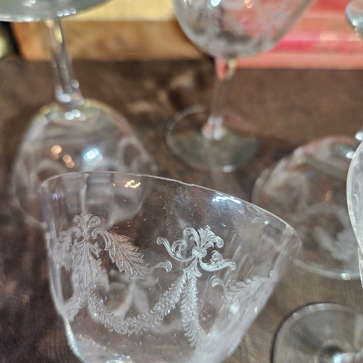 Set of 6 Vintage Etched Champagne Coupes Garland Swag Pattern