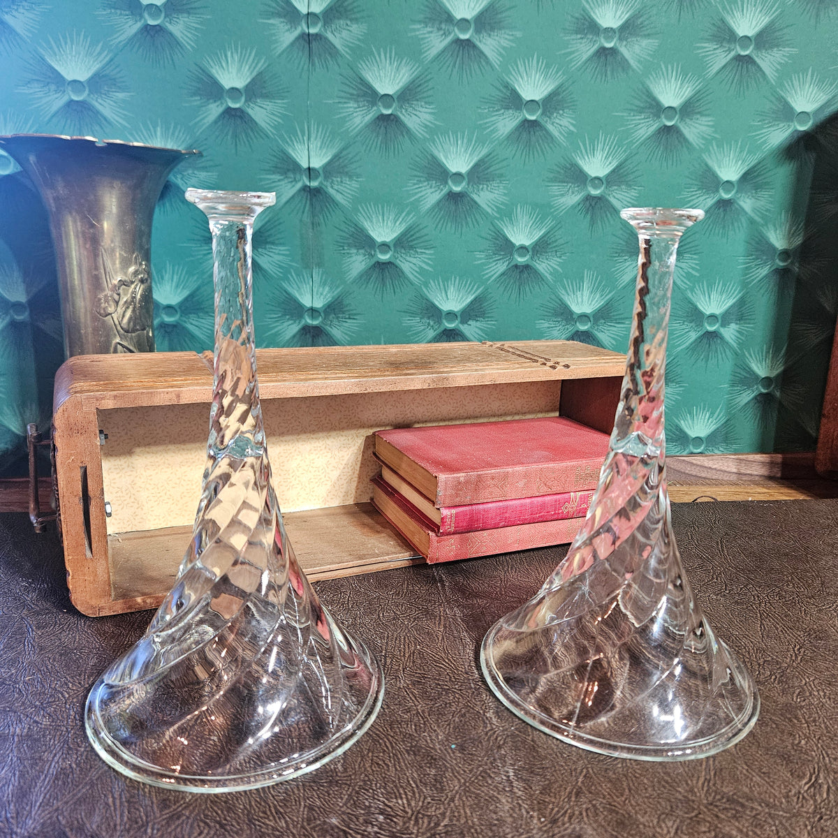 Pair Vintage Reversible Spiral Glass Vases & Candlestick Holders