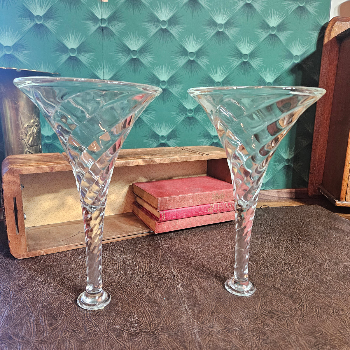 Pair Vintage Reversible Spiral Glass Vases & Candlestick Holders