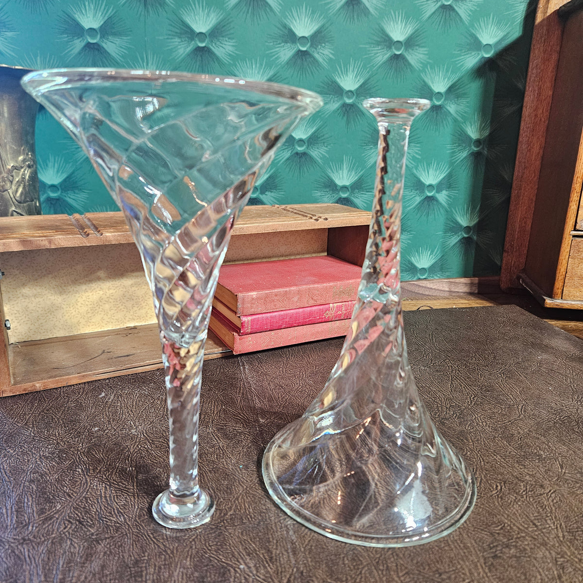 Pair Vintage Reversible Spiral Glass Vases & Candlestick Holders