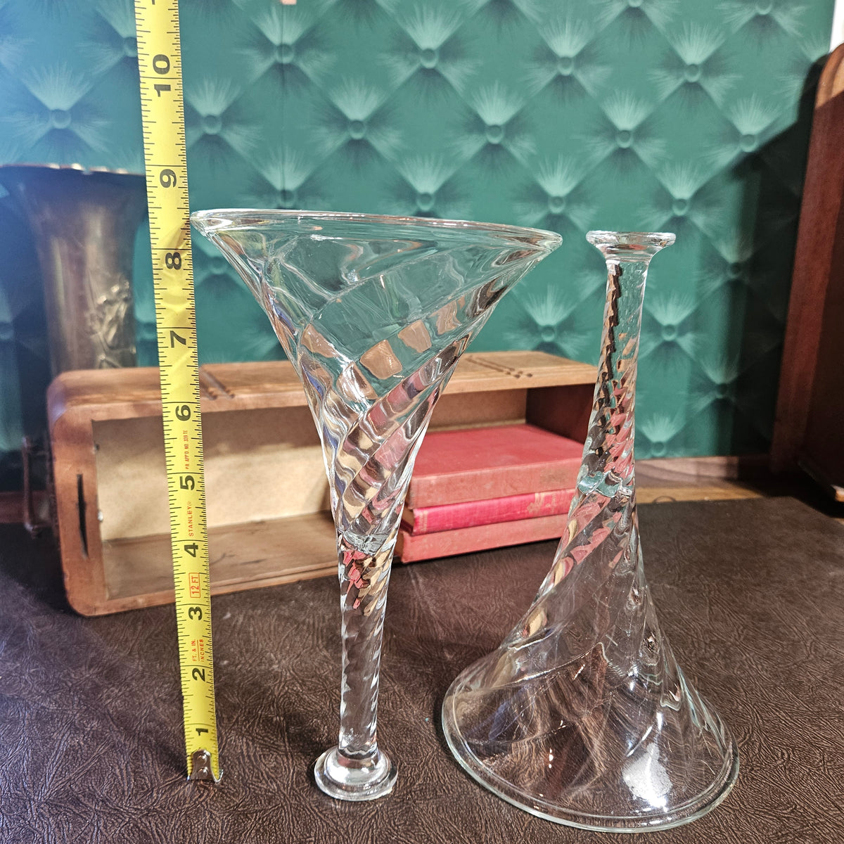Pair Vintage Reversible Spiral Glass Vases & Candlestick Holders