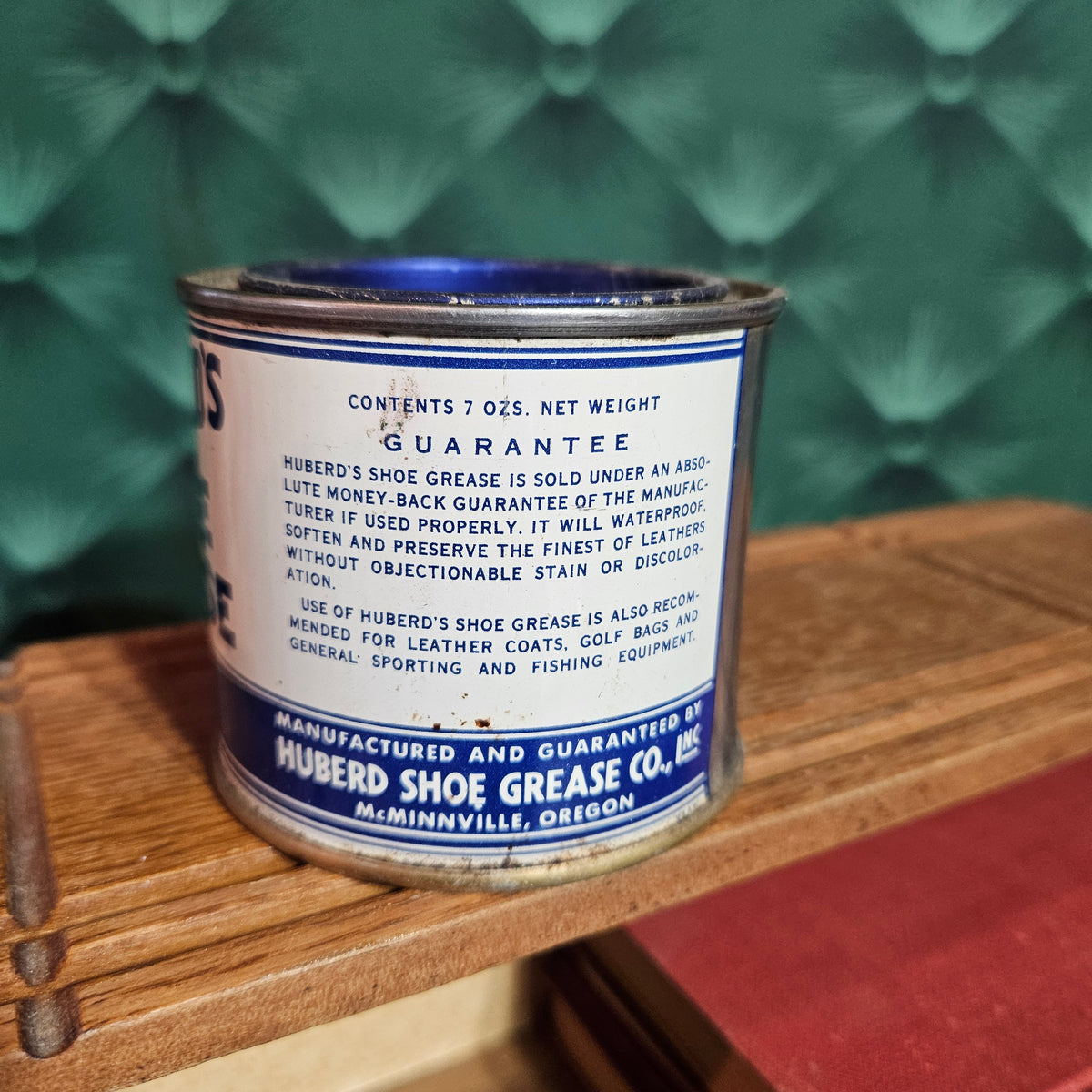Hubert’s Shoe Grease Advertising Tin with Blue Glass Insert
