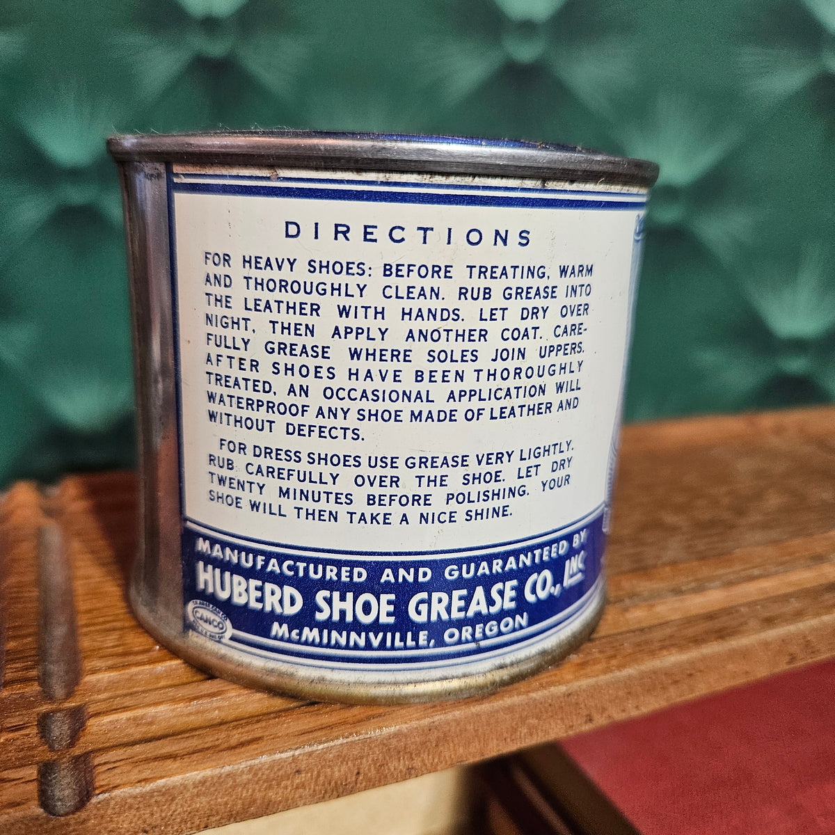 Hubert’s Shoe Grease Advertising Tin with Blue Glass Insert