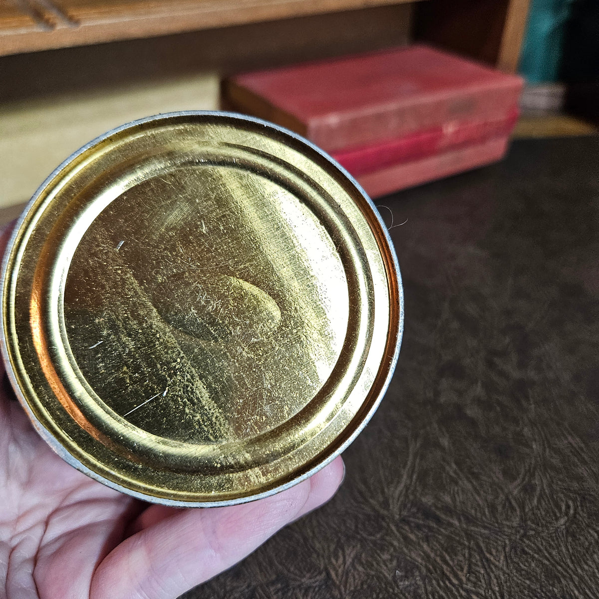 Hubert’s Shoe Grease Advertising Tin with Blue Glass Insert