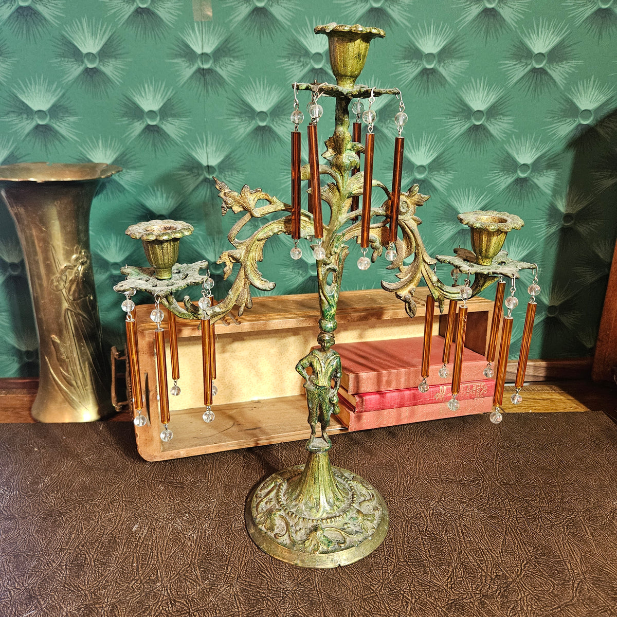Figural 3 Arm Candelabra with Amber Glass Prisms