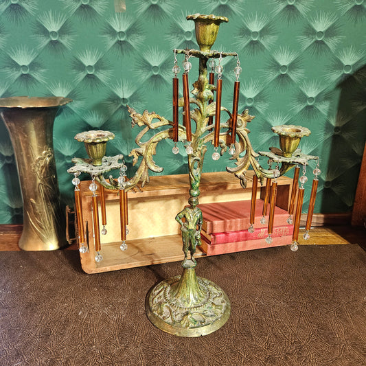 Figural 3 Arm Candelabra with Amber Glass Prisms