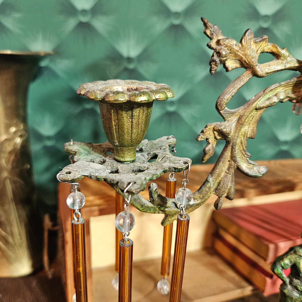 Figural 3 Arm Candelabra with Amber Glass Prisms