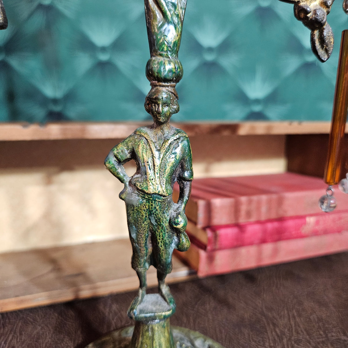 Figural 3 Arm Candelabra with Amber Glass Prisms
