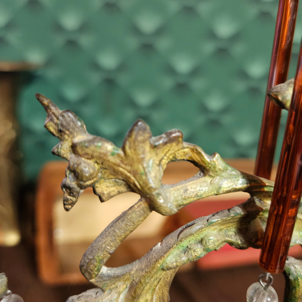 Figural 3 Arm Candelabra with Amber Glass Prisms
