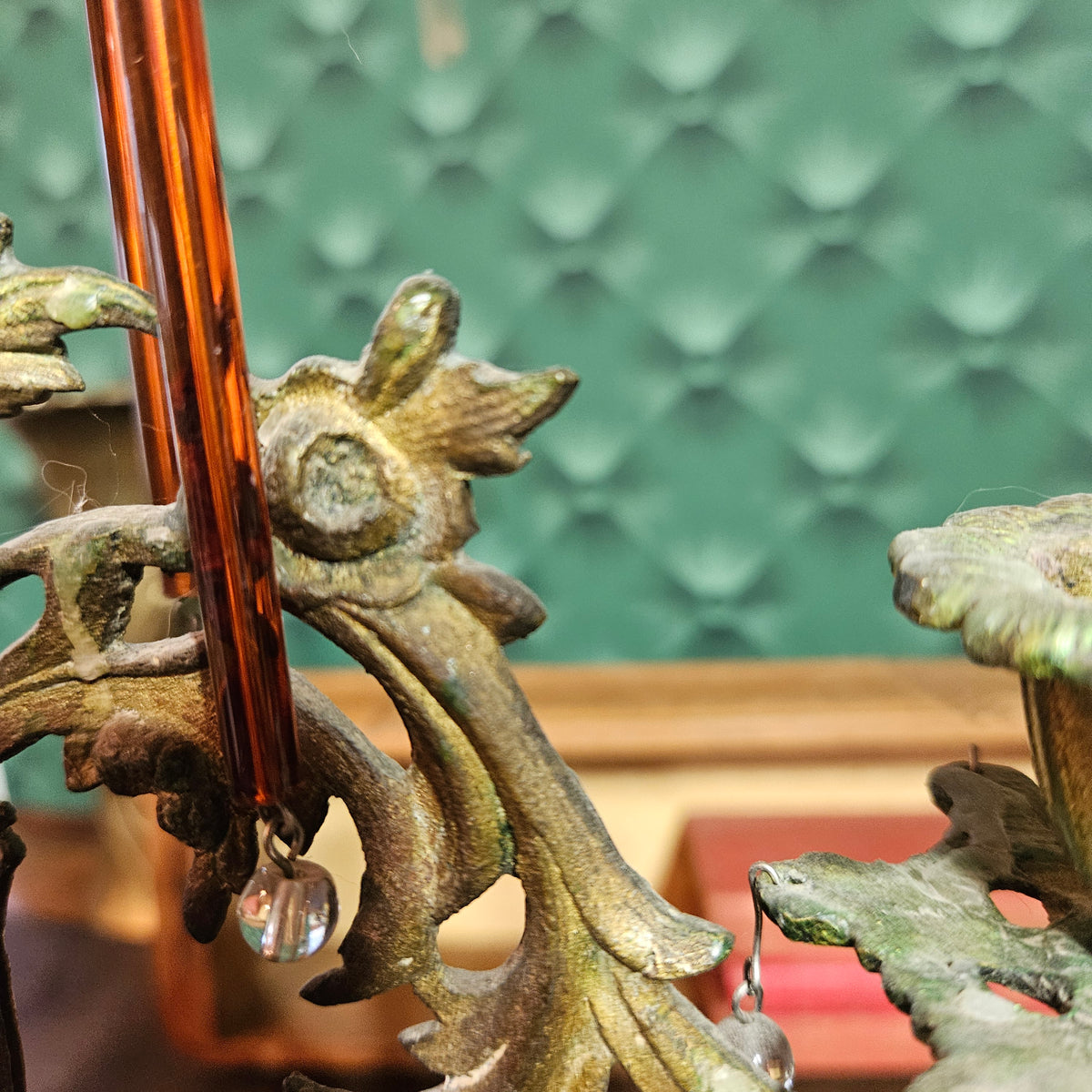 Figural 3 Arm Candelabra with Amber Glass Prisms