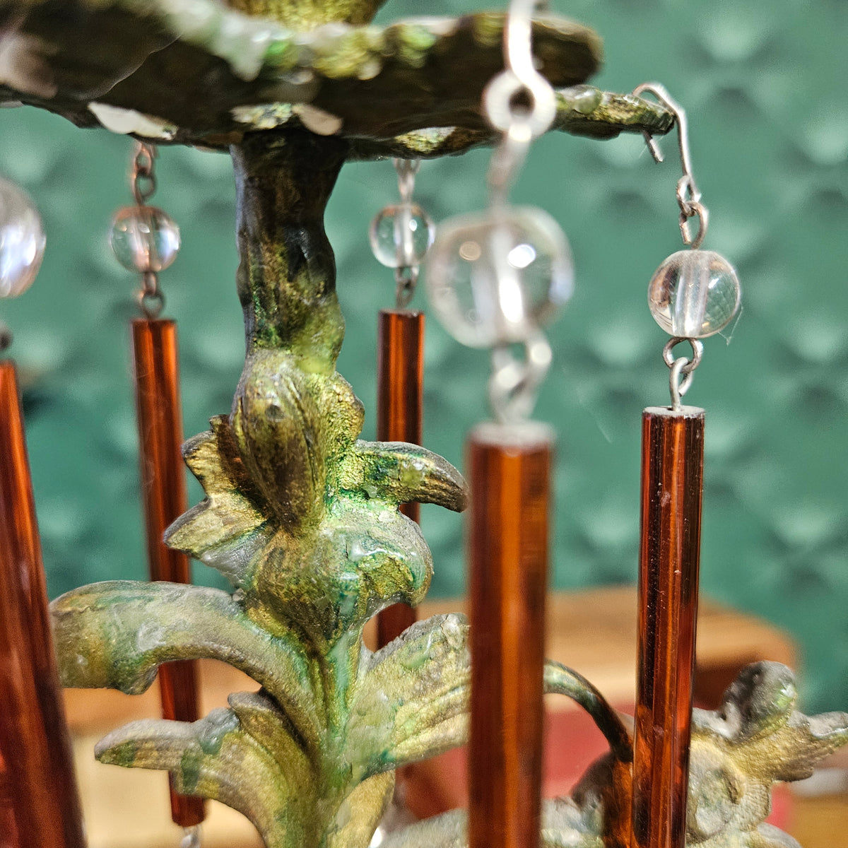 Figural 3 Arm Candelabra with Amber Glass Prisms