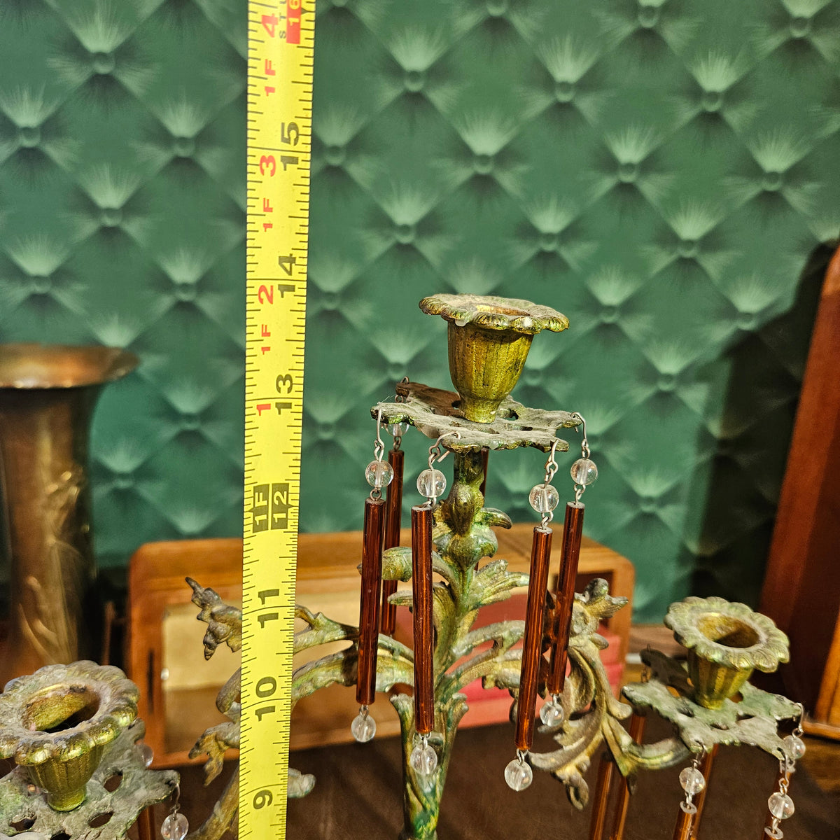 Figural 3 Arm Candelabra with Amber Glass Prisms