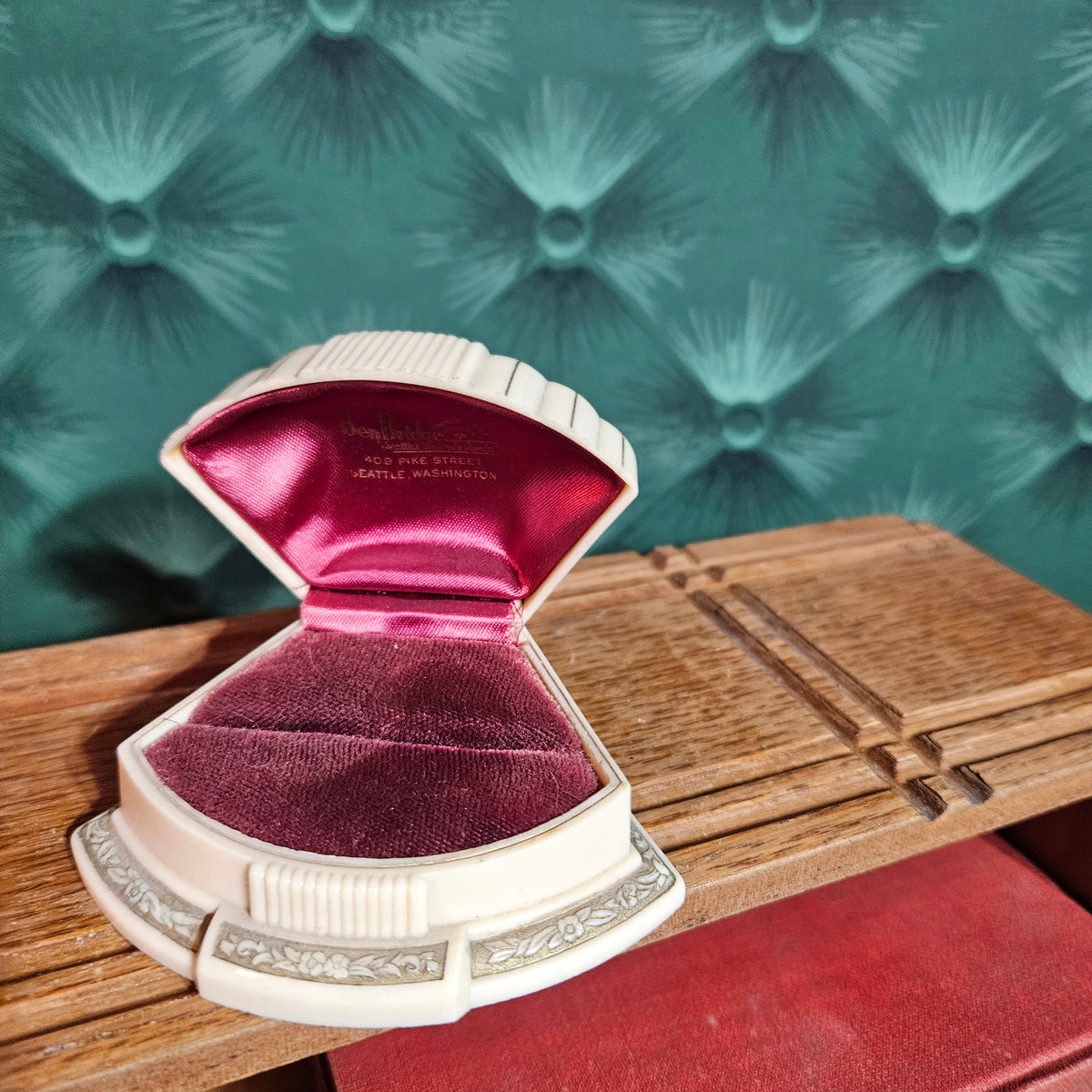Vintage Ben Bridge Seattle Ring Box – Cream & Burgundy Jewelry Presentation Box