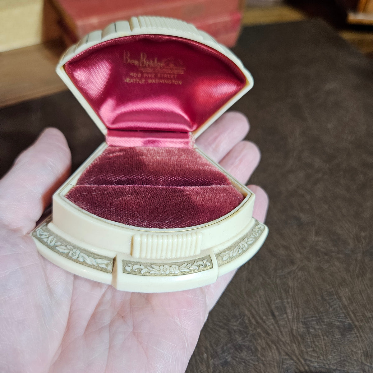 Vintage Ben Bridge Seattle Ring Box – Cream & Burgundy Jewelry Presentation Box