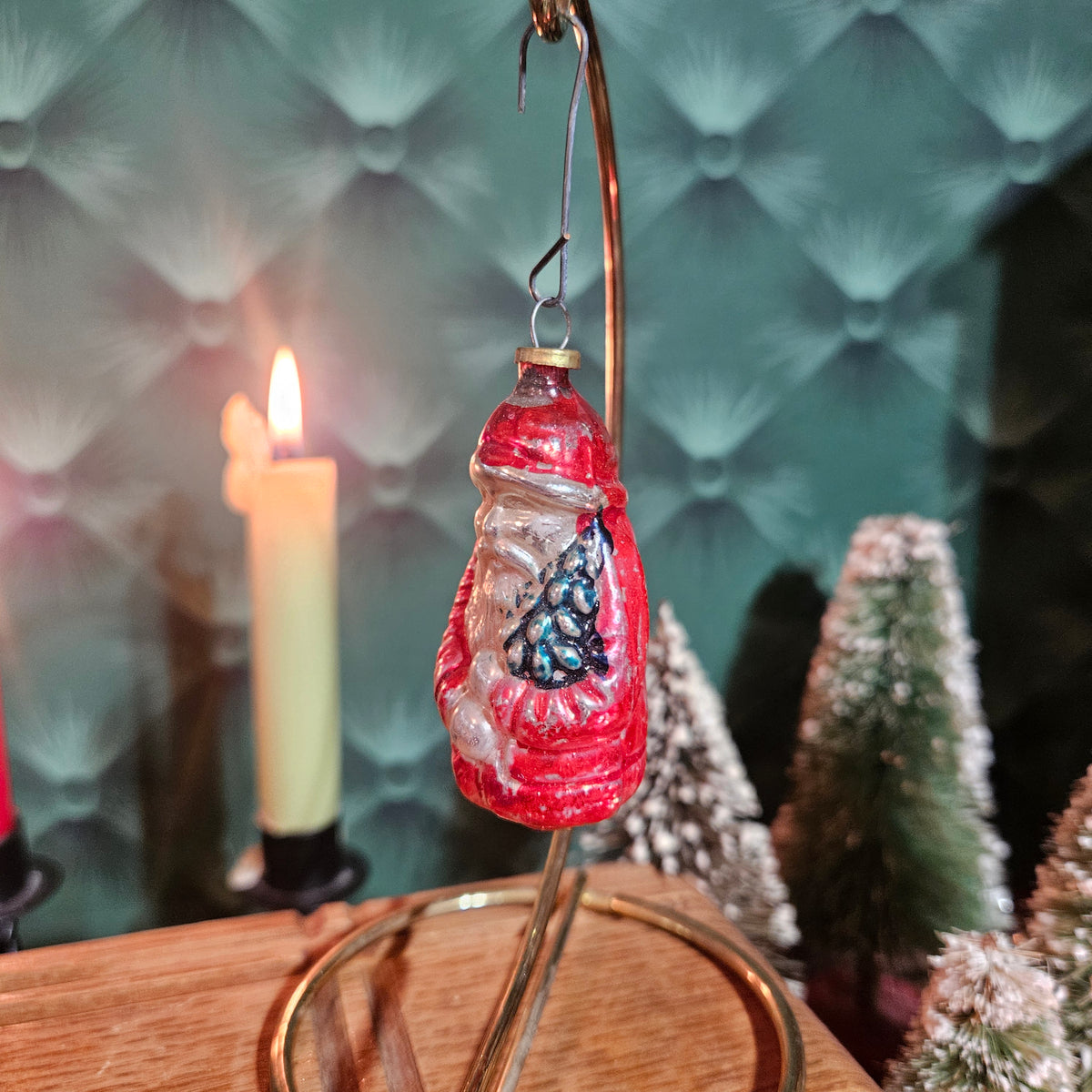 Red Glass Santa Ornament with Blue and Silver Details