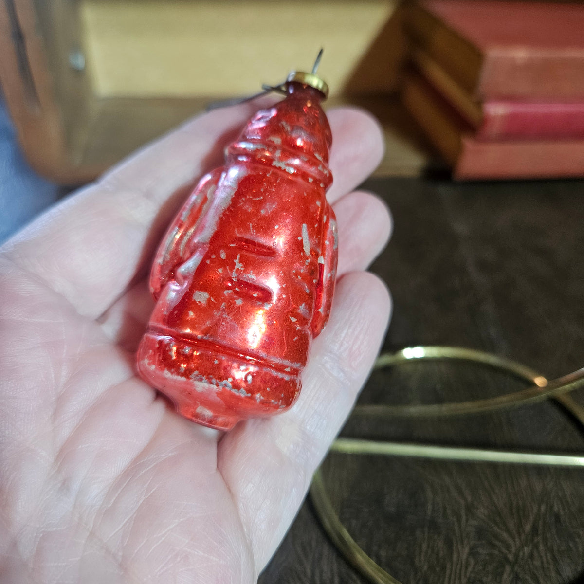Red Glass Santa Ornament with Blue and Silver Details