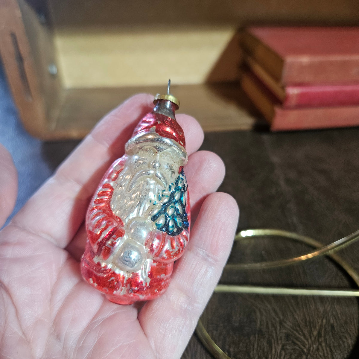 Red Glass Santa Ornament with Blue and Silver Details