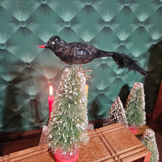Black Glass Clip-On Bird Ornament with Feather Tail