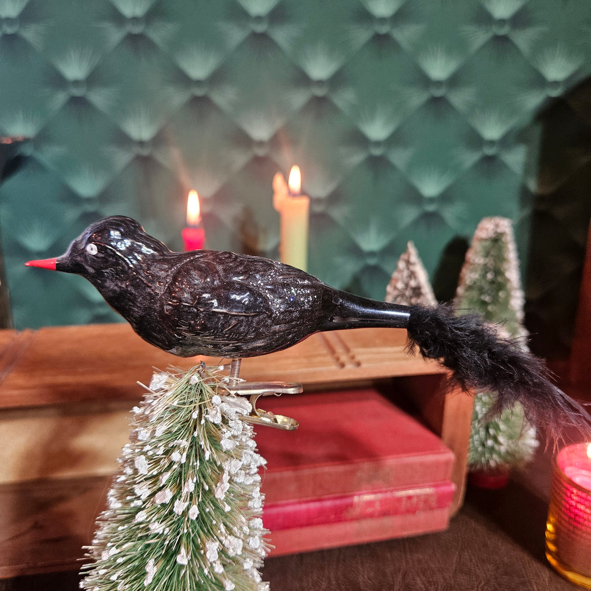 Black Glass Clip-On Bird Ornament with Feather Tail