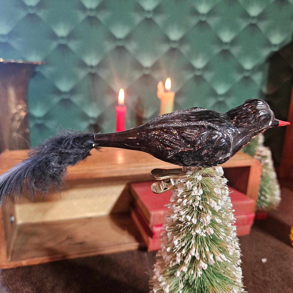 Black Glass Clip-On Bird Ornament with Feather Tail