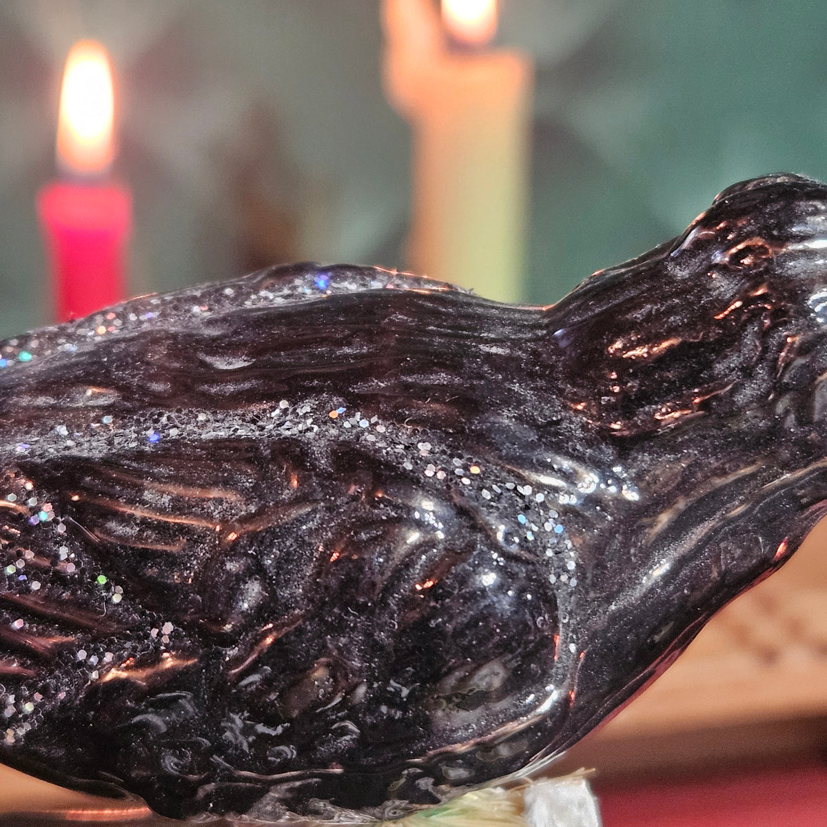 Black Glass Clip-On Bird Ornament with Feather Tail