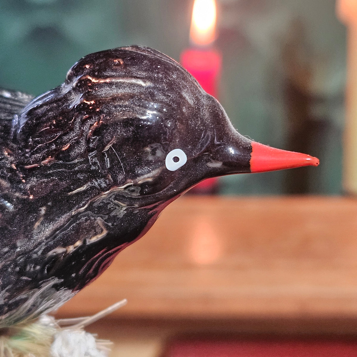 Black Glass Clip-On Bird Ornament with Feather Tail