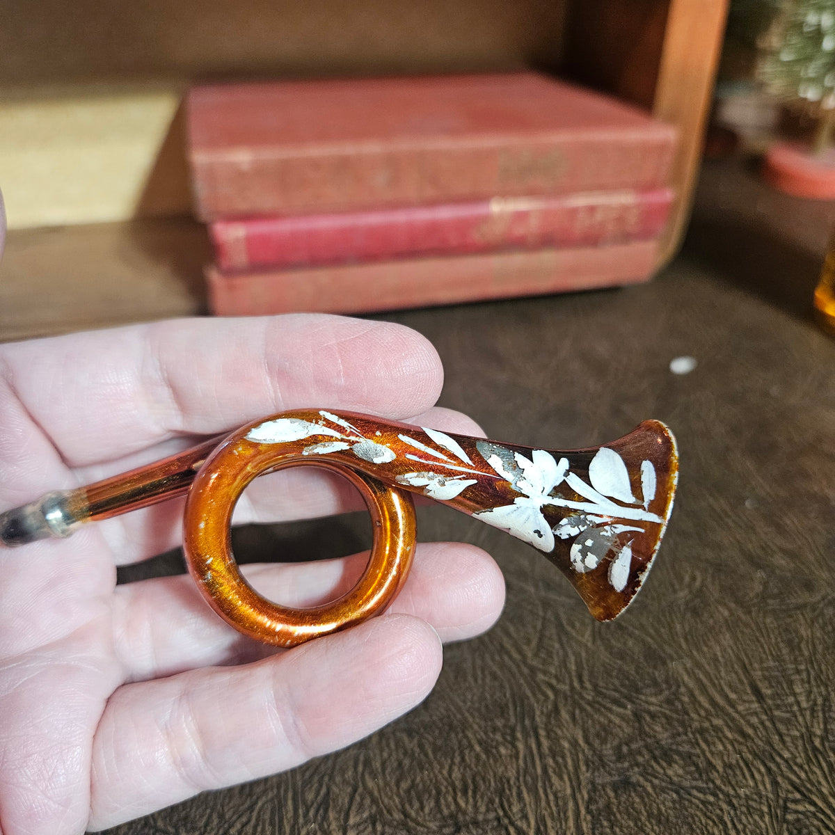 Amber Glass Trumpet Ornament with Floral Decoration