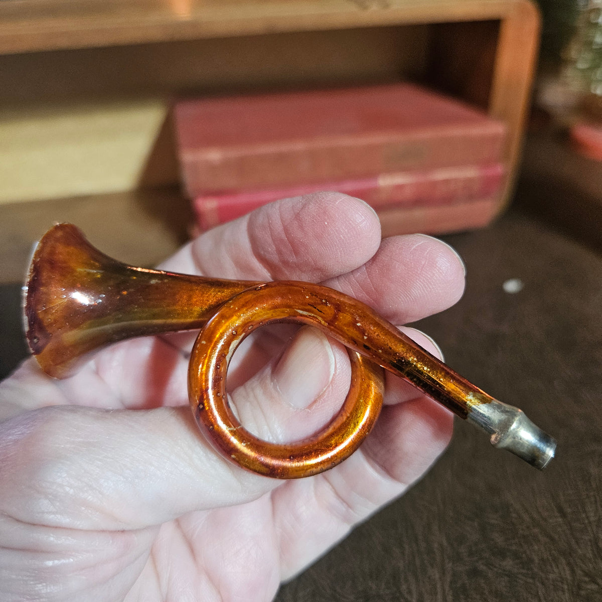 Amber Glass Trumpet Ornament with Floral Decoration
