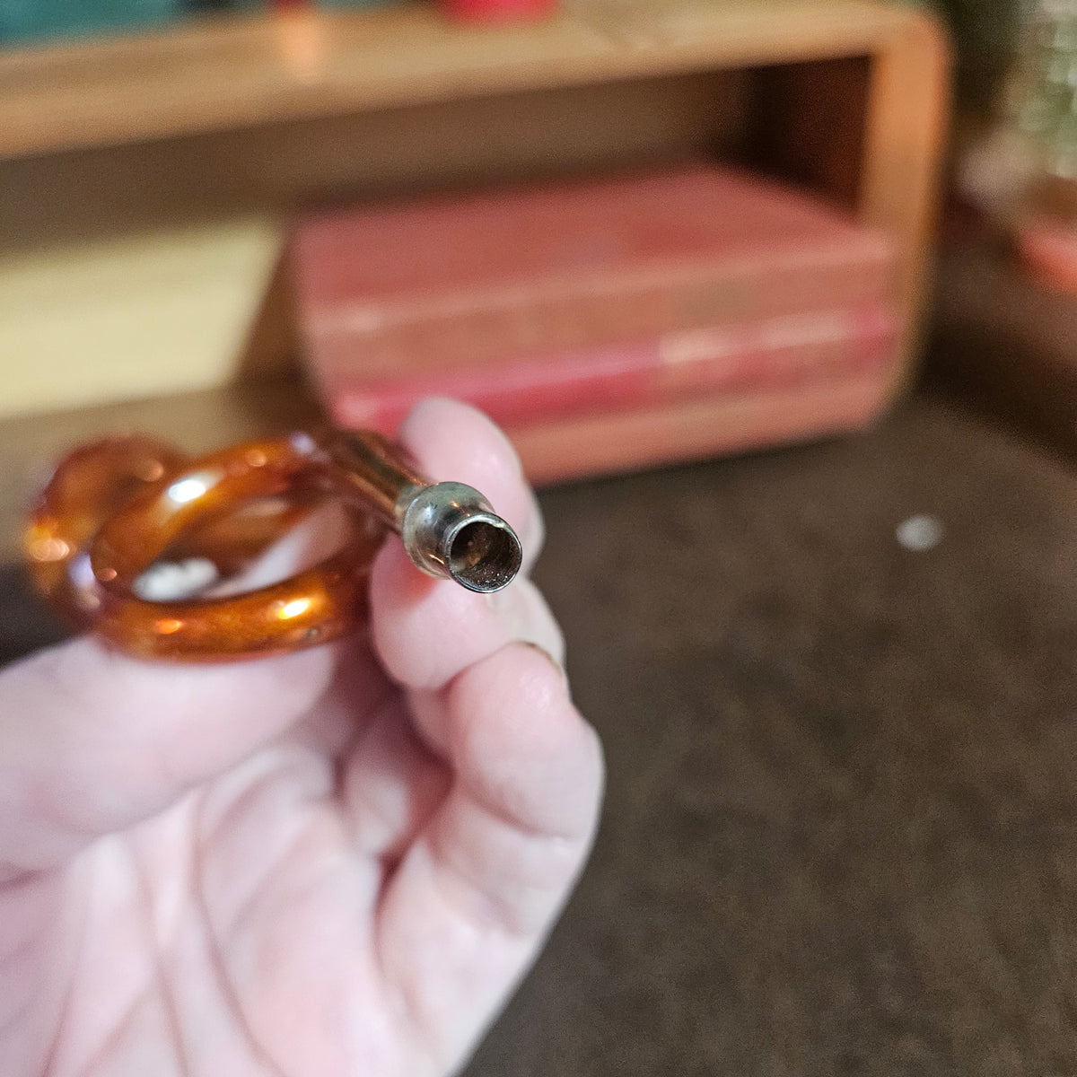 Amber Glass Trumpet Ornament with Floral Decoration