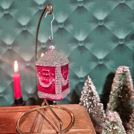 Red Glass Christmas House Ornament with Glittered Snow