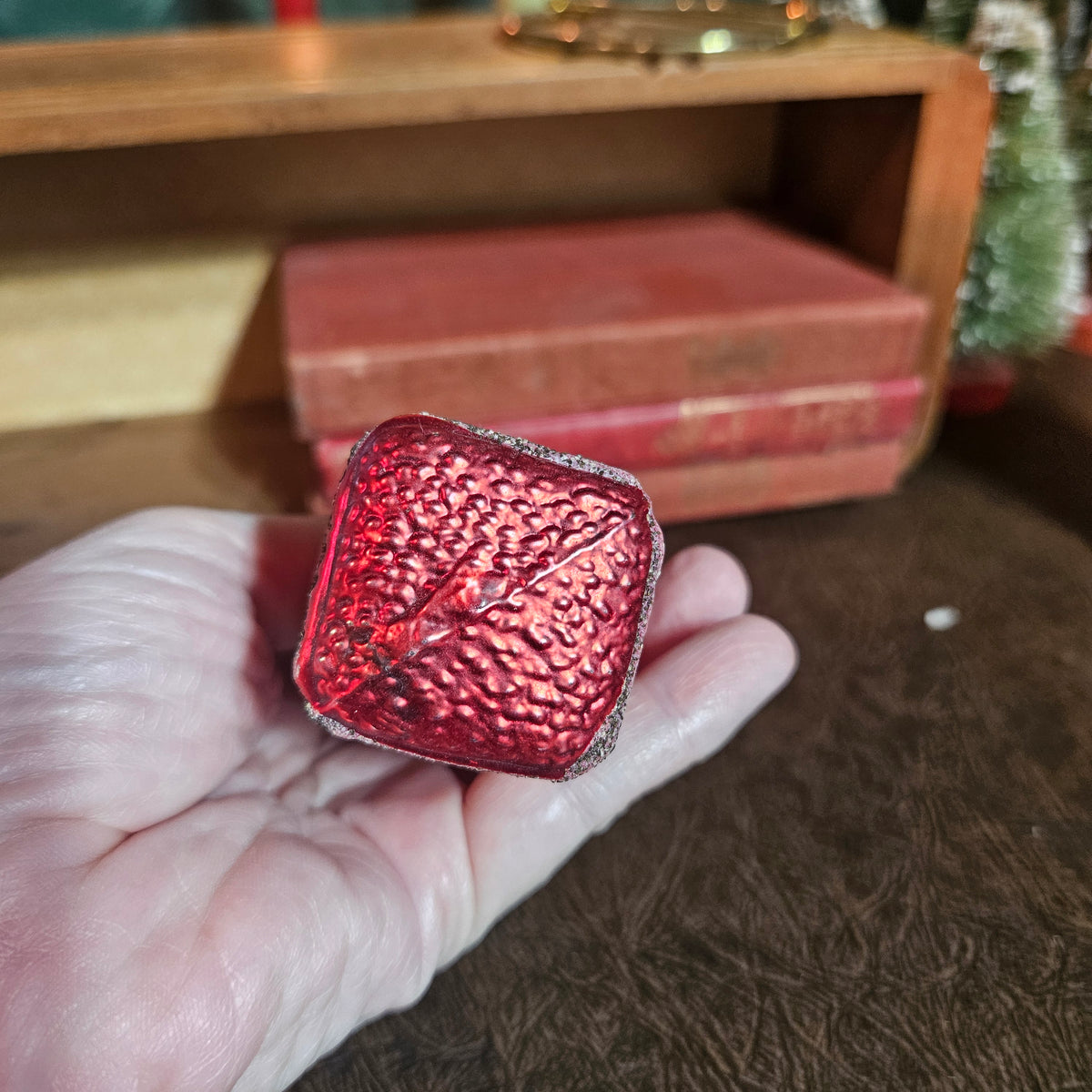 Red Glass Christmas House Ornament with Glittered Snow