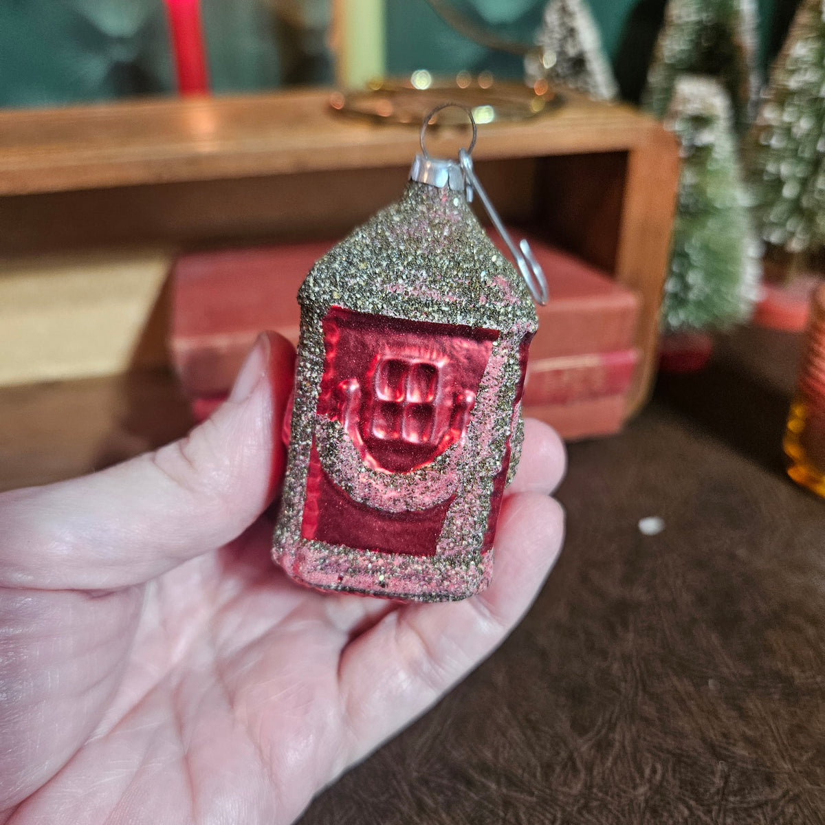 Red Glass Christmas House Ornament with Glittered Snow